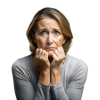 Anxious woman clenching fists near face on transparent background png