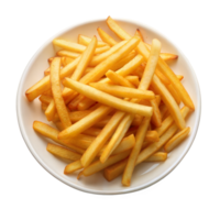 White plate filled with French fries against transparent background. png