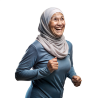 Muslim woman running on a transparent background, showing her active lifestyle and determination. png