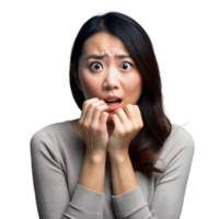 Woman expressing shock and concern against transparent background png