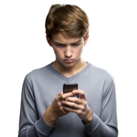 Teen boy focused on texting with smartphone indoors png