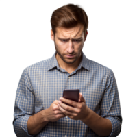 Concerned man browsing smartphone png