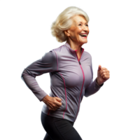 An older woman running in front of a transparent background, displaying her active and energetic lifestyle. png