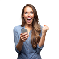 Woman holding smartphone with surprised expression on transparent background. png