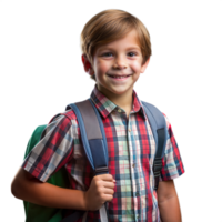 leende ung pojke med ryggsäck redo för skola.transparent bakgrund png