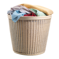 A laundry basket overflowing with various clothes on a transparent background. png