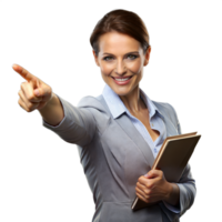 Confident Businesswoman Pointing and Holding Notebook png