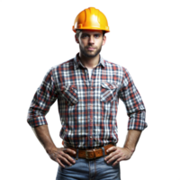 Confident Construction Worker in Hard Hat and Plaid Shirt png