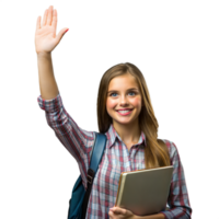 A student raising hand with a book in hand. png