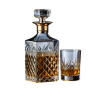 Crystal whiskey decanter and glass filled with amber liquid png