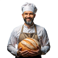 sonriente cocinero presentación recién horneado un pan png