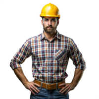 Confident Construction Worker in Hard Hat and Plaid Shirt png