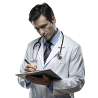 Concentrated Male Doctor Writing on Clipboard png