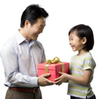 A father receiving a gift from his child with a smile on his face on a transparent background. png