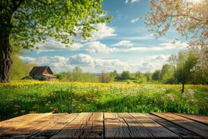 AI generated wooden table top background photo