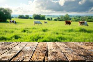 AI generated empty wooden table on cow grass land photo