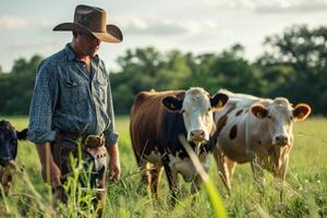 ai generado familia granja y vacas foto