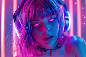 AI generated Futuristic woman in purple hair and modern headphones. photo