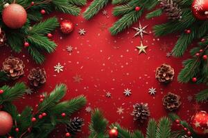 AI generated Christmas background with fir tree and decor. Top view with copy space photo