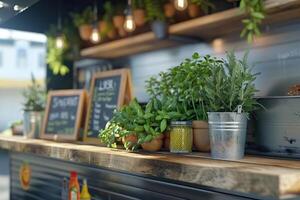 AI generated Close up view of food truck with special offer board and herbs photo