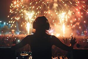 ai generado DJ concierto festival con fuegos artificiales y silueta multitud. foto