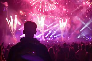 AI generated DJ concert festival with fireworks and silhouette crowd. photo