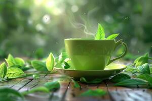 Cup with green tea and green leaves. photo