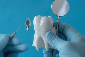 AI generated Dental care concept with dentist holding tooth model. photo