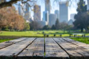 AI generated Empty wooden table with blurred city park on background photo