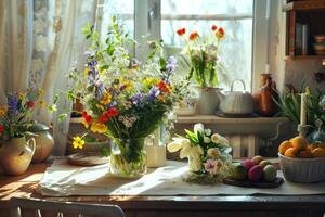 ai generado Pascua de Resurrección mesa con primavera flores en un soleado abril cocina foto