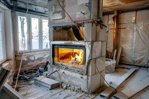 Installation of corner fireplace with calcium silicate insulation in house. photo