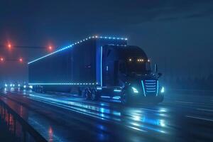 AI generated Autonomous semi truck with sensors drives on freeway at night. photo