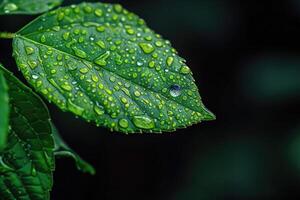 ai generado verde hoja con agua soltar en negro antecedentes verde hoja foto