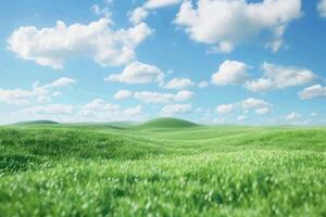 AI generated Green grass field on small hills and blue sky with clouds photo