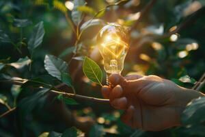 AI generated Hand holding light bulb on green leaf with energy icons. photo