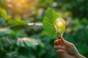 AI generated Hand holding light bulb on green leaf with energy icons. photo