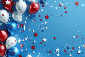 AI generated Happy Labor Day banner. Red  white  blue color stars and baloons on blue background. photo