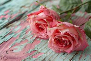 ai generado contento madres día rosado rosas en afligido madera antecedentes. foto