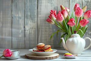 AI generated Spring decorations for special occasions with flowers and tea. photo