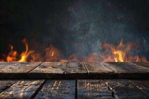 AI generated Old wood table with flame effect on dark background. photo