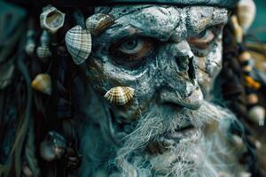 AI generated Undead pirate captain with seashells on his face. photo