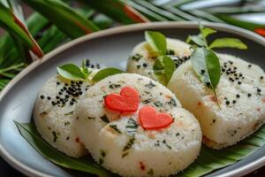 AI generated Valentines Day special South Indian idli with love hearts. photo