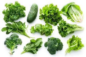 AI generated Variety of leafy green vegetables isolated on white background. photo