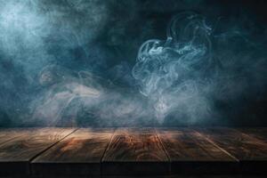 AI generated Empty table with smoke on dark background. photo