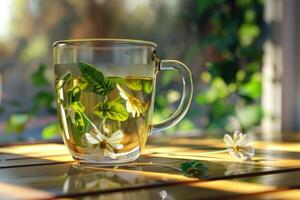 AI generated glass cup with fresh green tea photo