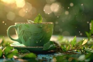 AI generated healthy green tea cup with tea leaves photo