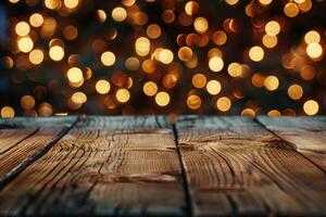 AI generated rustic wood table in front of christmas light night abstract circular bokeh background photo