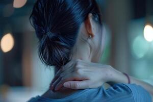 ai generado asiático mujer buscar médico ayuda para cuello dolor. foto