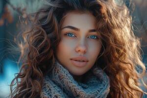 AI generated Beautiful woman with long  shiny  wavy hair and curly hairstyle. photo