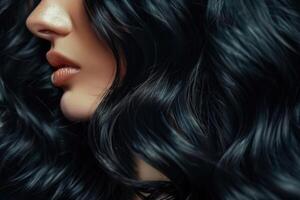hermosa mujer con largo ondulado negro cabello. foto